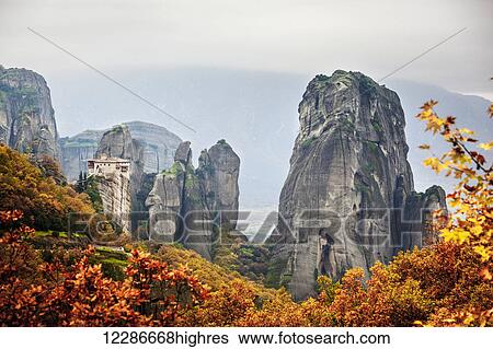 Monastery Rousanou; Meteora, Greece View Large Photo Image Stock Photograph - Monastery Rousanou; Meteora, Greece. Fotosearch