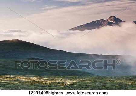 Morning light falls on an alpine meadow and fog, with Long's Peak in the background in Rocky Mountain National Park; Colorado, United States of America View Large Photo Image Stock Photograph - Morning light falls on an alpine meadow and fog, with Long's Peak in the background in Rocky Mountain National Park; Colorado, United States of America. Fotosearch