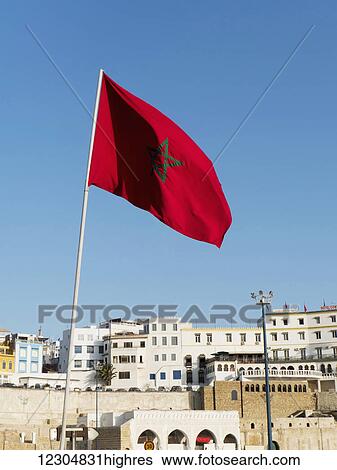 Moroccan flag; Tangier, Morocco View Large Photo Image Stock Photograph - Moroccan flag; Tangier, Morocco. Fotosearch