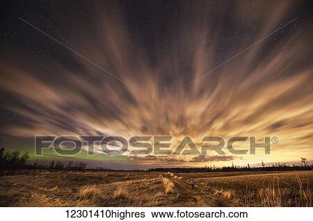 Stock Photograph - Night sky with aurora borealis; Thunder Bay, Ontario, Canada. Fotosearch
