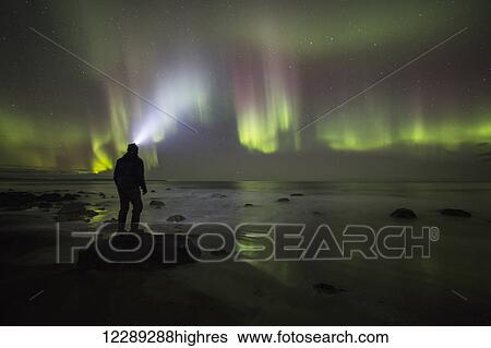 Stock Photograph - Northern lights dancing over the Langanes Peninsula and the Atlantic Ocean, Iceland, while a person stands on a rock watching them; Iceland. Fotosearch