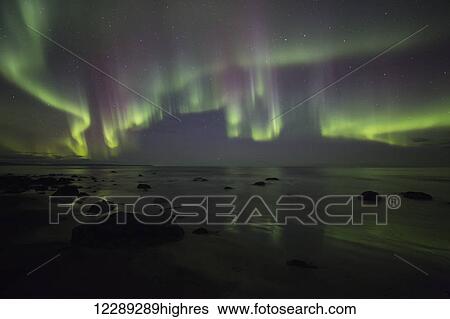 Stock Photograph - Northern lights dancing over the Langanes Peninsula and the Atlantic Ocean; Iceland. Fotosearch