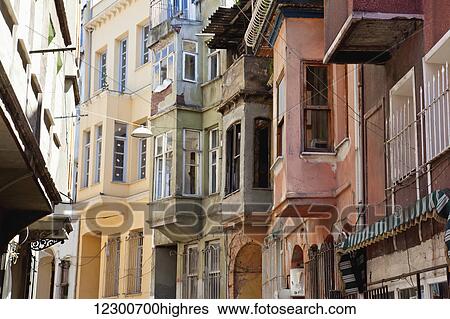 Stock Photograph - Old and slightly dilapidated buildings in the Fener district; Istanbul, Turkey. Fotosearch