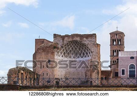 Stock Photograph - Old stone church with tower; Rome, Italy. Fotosearch
