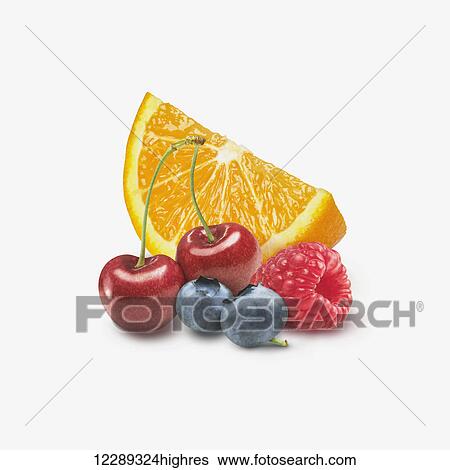 Orange wedge with cherries, blueberries and a raspberry on a white background; Toronto, Ontario, Canada View Large Photo Image Stock Photograph - Orange wedge with cherries, blueberries and a raspberry on a white background; Toronto, Ontario, Canada. Fotosearch