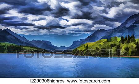 Stock Photograph - Painting of a lake and mountains in Waterton Lakes National park; Alberta, Canada. Fotosearch
