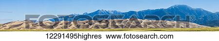 Panoramic view of the sand dunes and Sangre de Cristo Mountains in Great Sand Dunes National Park and Preserve; Colorado, United States of America View Large Photo Image Stock Photograph - Panoramic view of the sand dunes and Sangre de Cristo Mountains in Great Sand Dunes National Park and Preserve; Colorado, United States of America. Fotosearch