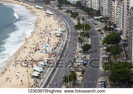 Stock Photograph - Part of Copacabana beach in Rio de Janeiro viewed from above; Rio de Janeiro, Brazil. Fotosearch