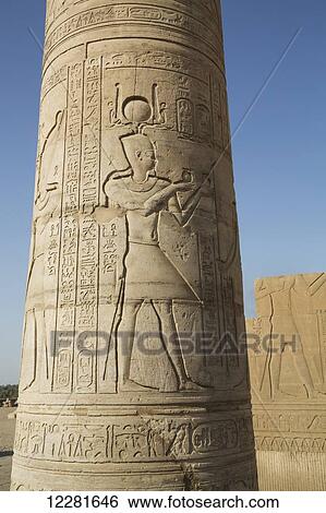 Stock Photograph - Pillar with bas-relief, Forecourt, Temple of Haroeris and Sobeck; Kom Ombo, Egypt. Fotosearch