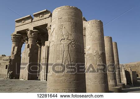 Picture - Pillars with bas-relief, Forecourt, Temple of Haroeris and Sobeck; Kom Ombo, Egypt. Fotosearch