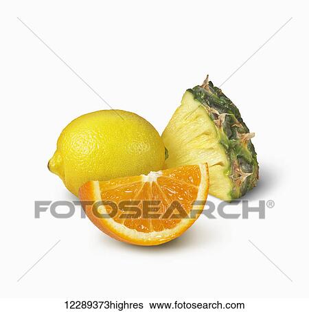 Pineapple slice, orange wedge and a lemon on a white background; Toronto, Ontario, Canada View Large Photo Image Stock Photograph - Pineapple slice, orange wedge and a lemon on a white background; Toronto, Ontario, Canada. Fotosearch
