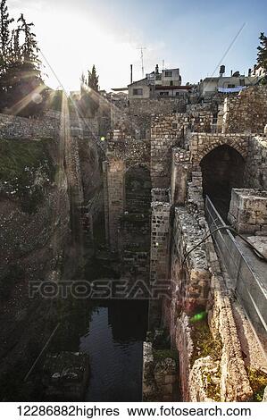Stock Photograph - Pool of Bethesda and ruins of the Byzantine Church; Jerusalem, Israel. Fotosearch