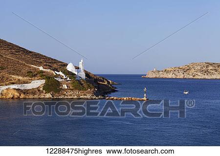 Port and white church on a cliff at the water's edge; Ios, Greece View Large Photo Image Stock Photograph - Port and white church on a cliff at the water's edge; Ios, Greece. Fotosearch