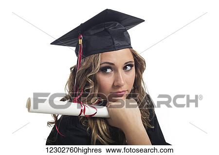 Portrait of a young woman graduate holding her diploma and contemplating her graduation; Edmonton, Alberta, Canada View Large Photo Image Stock Photograph - Portrait of a young woman graduate holding her diploma and contemplating her graduation; Edmonton, Alberta, Canada. Fotosearch