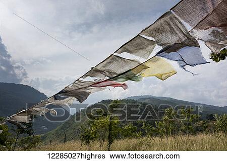 Stock Photograph - Prayer flags; Punakha, Bhutan. Fotosearch
