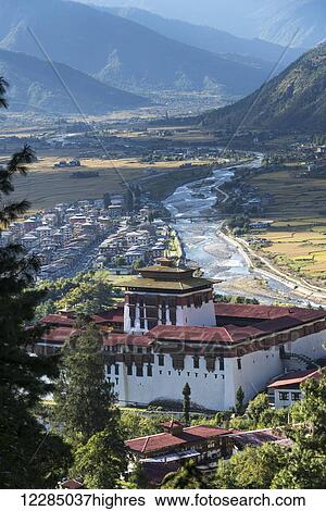 Stock Photograph - Rinpung Dzong in the Paro Valley; Paro, Bhutan. Fotosearch