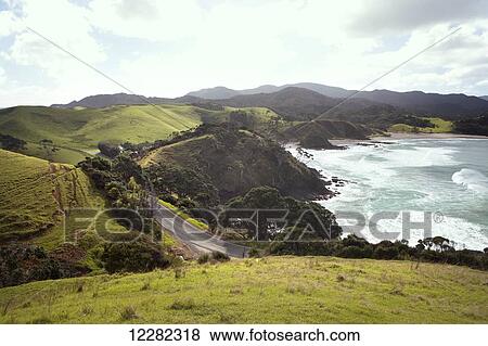 Road on a mountainous seaside; North Island, New Zealand View Large Photo Image Stock Photo - Road on a mountainous seaside; North Island, New Zealand. Fotosearch