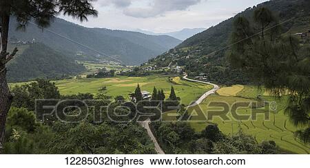 Stock Photograph - Road winding through a lush valley surrounded by mountains; Punakha, Bhutan. Fotosearch