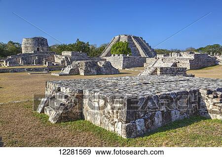 Round Temple (back, left), Castillo de Kukulcan (back, right), Mayapan Mayan archaeological site; Yucatan, Mexico View Large Photo Image Stock Photo - Round Temple (back, left), Castillo de Kukulcan (back, right), Mayapan Mayan archaeological site; Yucatan, Mexico. Fotosearch