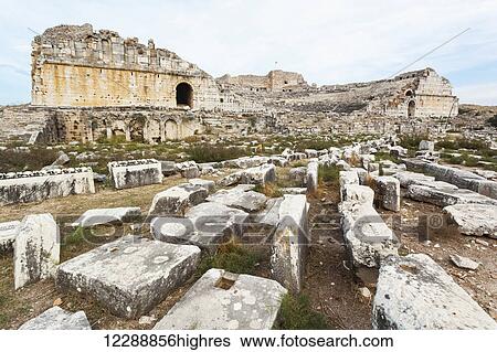 Stock Photograph - Ruins of an amphitheatre; Miletus, Turkey. Fotosearch