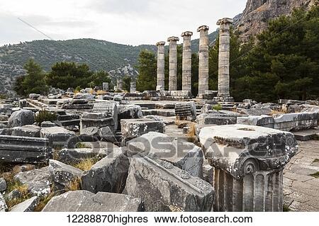 Stock Photograph - Ruins of the Sanctuary of Athena; Priene, Turkey. Fotosearch