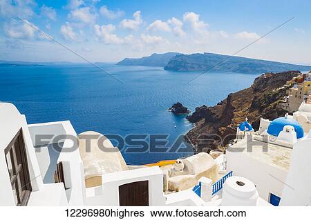 Santorini Island, Greece, Beautiful View of Blue Ocean and Traditional Dome Church Architecture View Large Photo Image Stock Photograph - Santorini Island, Greece, Beautiful View of Blue Ocean and Traditional Dome Church Architecture. Fotosearch