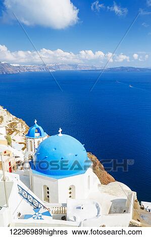 Santorini Island, Greece, Beautiful View of Blue Ocean and Traditional Dome Church Architecture View Large Photo Image Stock Photograph - Santorini Island, Greece, Beautiful View of Blue Ocean and Traditional Dome Church Architecture. Fotosearch