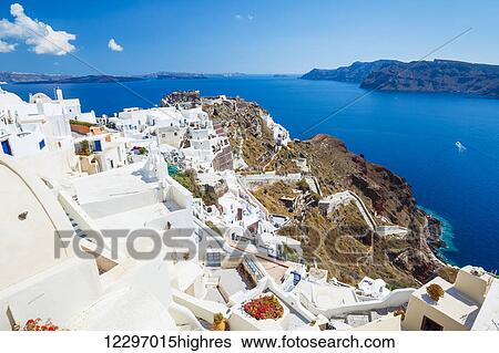 Stock Photograph - Santorini Island, Greece, Beautiful View of Blue Ocean and Traditional Dome Church Architecture. Fotosearch