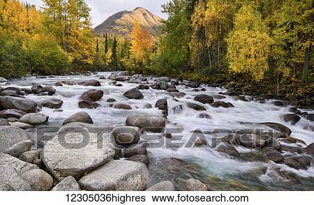 Stock Photograph - Scenic autumn view of the Little Susitna River near Hatcher Pass, Southcentral Alaska. Fotosearch