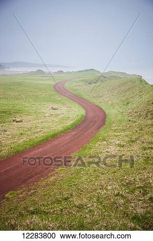 Stock Image - Scenic view of a red dirt road surrounded by tundra with fog shrouded Bering Sea in the background, St. Paul Island, Southwestern Alaska, Summer. Fotosearch