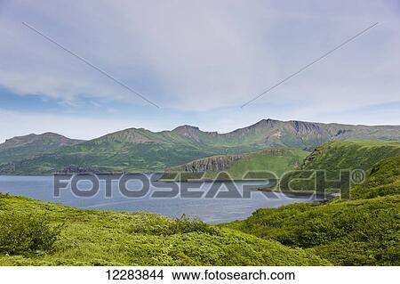 Scenic view of the green bluffs along the shore of Popof Island near Sand Point, Southwestern Alaska, USA, Summer View Large Photo Image Picture - Scenic view of the green bluffs along the shore of Popof Island near Sand Point, Southwestern Alaska, USA, Summer. Fotosearch