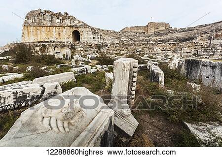 Sculpture of a lion at the ruins of an amphitheatre; Miletus, Turkey View Large Photo Image Stock Photograph - Sculpture of a lion at the ruins of an amphitheatre; Miletus, Turkey. Fotosearch