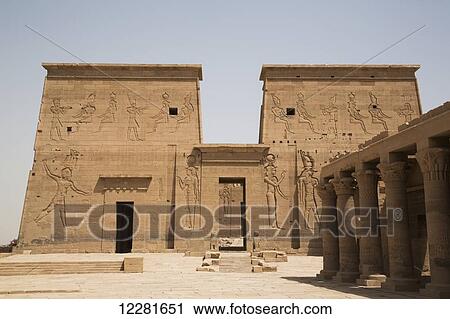 Stock Image - Second Pylon from the Forecourt, Temple of Isis; Island of Philae, Aswan, Egypt. Fotosearch