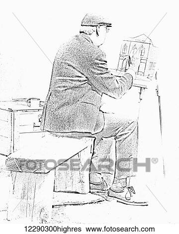 Stock Photograph - Sketch of old man painting; Alberta, Canada. Fotosearch