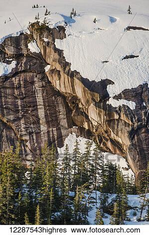 Stock Photograph - Snow covered cliffs and evergreen trees bathed in sunset light on the shore of Kings Bay, Prince William Sound; Alaska, United States of America. Fotosearch