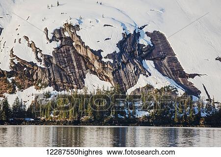 Stock Photograph - Snow covered cliffs and evergreen trees bathed in sunset light on the shore of Kings Bay, Prince William Sound; Whittier, Alaska, United States of America. Fotosearch