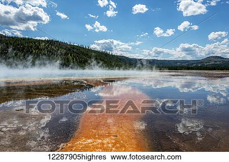 Steaming pool at the Grand Prismatic Spring with a streak of orange sulphur deposits stretching towards low forested hills on the horizon and the reflection of a blue sky dotted with a few puffy, white clouds; Wyoming, United States of America View Large Photo Image Stock Photograph - Steaming pool at the Grand Prismatic Spring with a streak of orange sulphur deposits stretching towards low forested hills on the horizon and the reflection of a blue sky dotted with a few puffy, white clouds; Wyoming, United States of America. Fotosearch