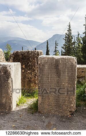Stock Photograph - Stone blocks with inscription; Delphi, Greece. Fotosearch
