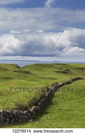 Picture - Stone wall stretching across grass fields and a view of the ocean. Fotosearch
