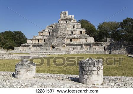 Stock Photo - Structure of Five Floors (Pisos), Edzna Mayan archaeological site; Campeche, Mexico. Fotosearch