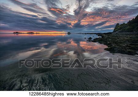 Stock Photograph - Sunrise and reflections at low tide in Chiniak Bay; Kodiak, Alaska, United States of America. Fotosearch