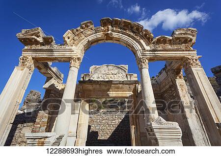 Temple of Hadrian, one of the best preserved and most beautiful structures on Curetes Street, built before 138 A. D by P. Quintilius and dedicated to the Emperor Hadrian; Ephesus, Turkey View Large Photo Image Stock Photograph - Temple of Hadrian, one of the best preserved and most beautiful structures on Curetes Street, built before 138 A. D by P. Quintilius and dedicated to the Emperor Hadrian; Ephesus, Turkey. Fotosearch