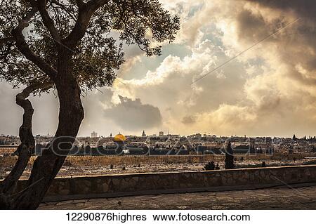 Stock Photograph - The spectacular view looking across from the Mount of Olives toward the Eastern Gate of the old city of Jerusalem, taken from the Dominus Flevit Church (built on the traditional spot where Jesus wept over the city); Jerusalem, Israel. Fotosearch