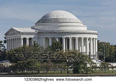 Thomas Jefferson Memorial built on the edge of the Tidal Basin, building completed 1943 and 19' bronze statue added 1947; Washington, District of Columbia, United States of America View Large Photo Image Stock Photograph - Thomas Jefferson Memorial built on the edge of the Tidal Basin, building completed 1943 and 19' bronze statue added 1947; Washington, District of Columbia, United States of America. Fotosearch