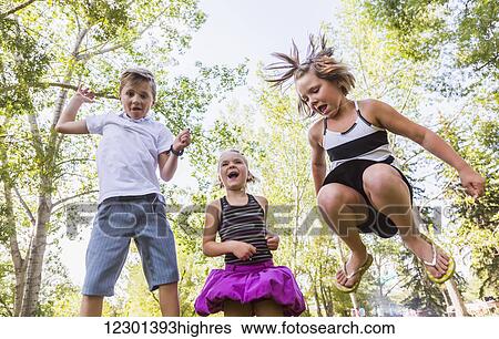 Three siblings jumping in the air in a park during a family outing; Edmonton, Alberta, Canada View Large Photo Image Stock Photograph - Three siblings jumping in the air in a park during a family outing; Edmonton, Alberta, Canada. Fotosearch