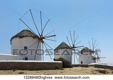 Traditional windmills; Chora, Mykonos, Greece View Large Photo Image Stock Photograph - Traditional windmills; Chora, Mykonos, Greece. Fotosearch