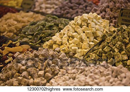 Stock Photograph - Turkish delight and other sweets in an Istanbul market; Istanbul, Turkey. Fotosearch