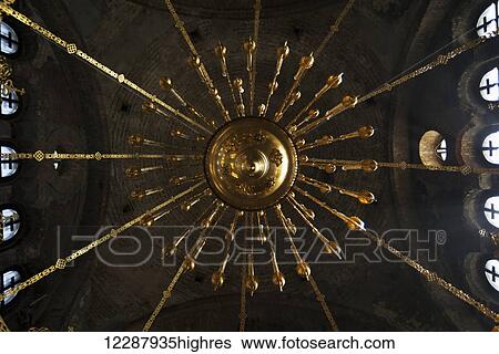 Stock Photograph - View from beneath chandelier at St Nicholas church; Brest, Belarus. Fotosearch