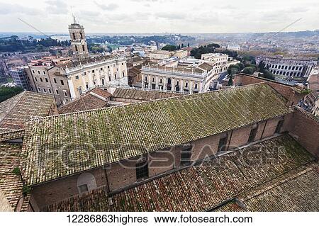 Stock Photograph - View of a roof, Basilica of St. Mary of the Altar of Heaven; Rome, Italy. Fotosearch