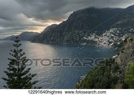 Stock Photograph - View of a town along the Amalfi coast; Laurito, Campania, Italy. Fotosearch